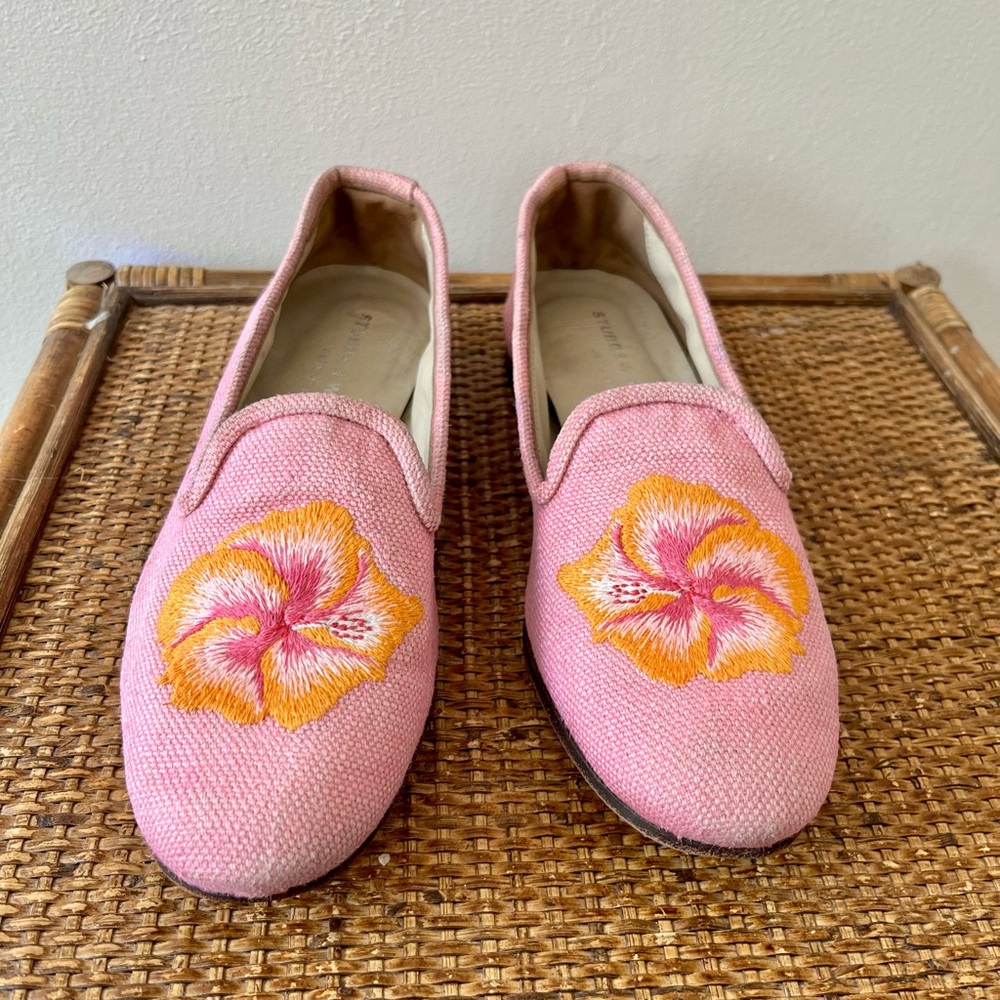 Stubbs & Wootton Pink Embroidered Floral Canvas Loafers